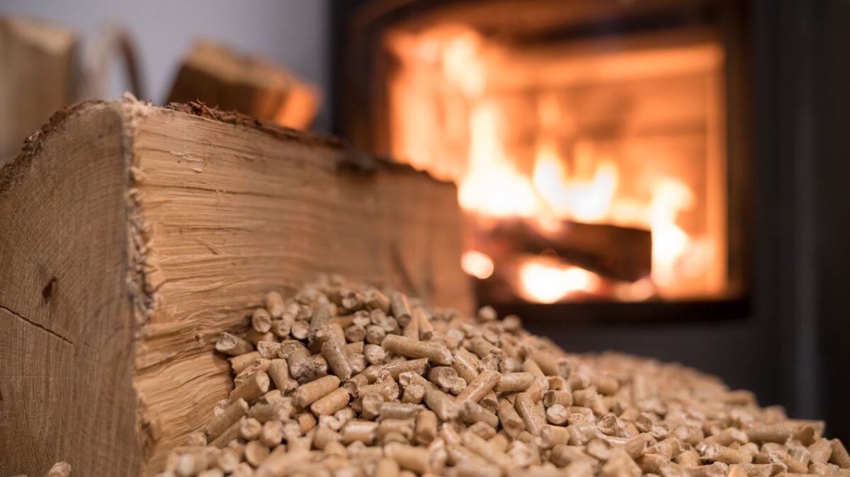 Holzpellets vor Holzscheit mit Kaminfeuer im Hintergrund