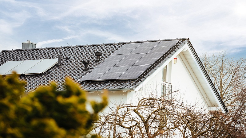 Kleine PV-Anlage auf einem Hausdach mit Sträuchern im Vordergrund